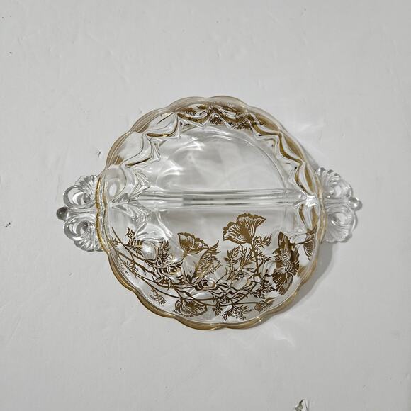 Vtg Martinsville Janice Divided Candy/Relish Dish Gold Wildflower Overlay Glass - Picture 2 of 9